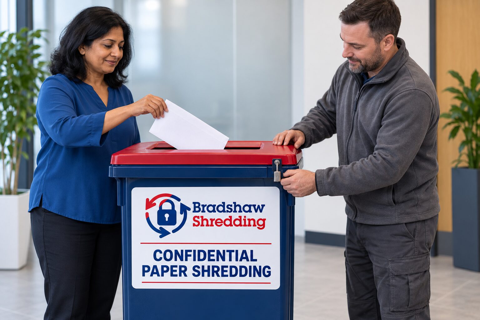 Illustrative customer using a confidential-paper bin during a shredding collection