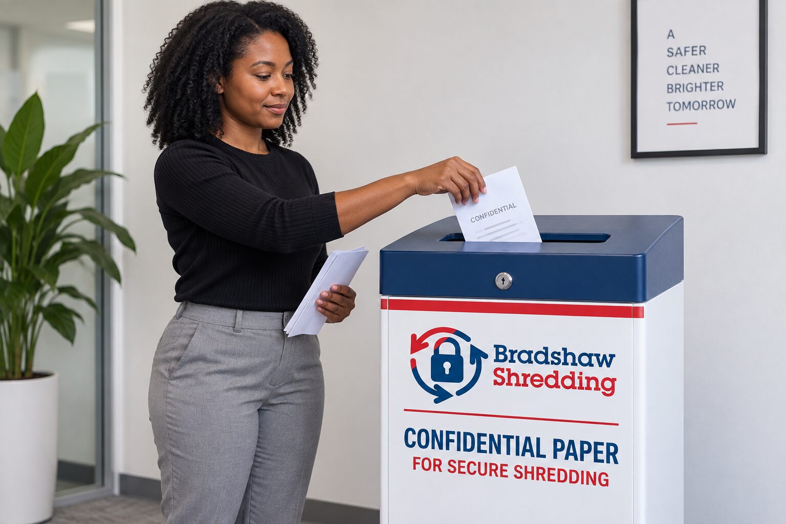 Illustrative office worker using a locked confidential-paper console for shredding