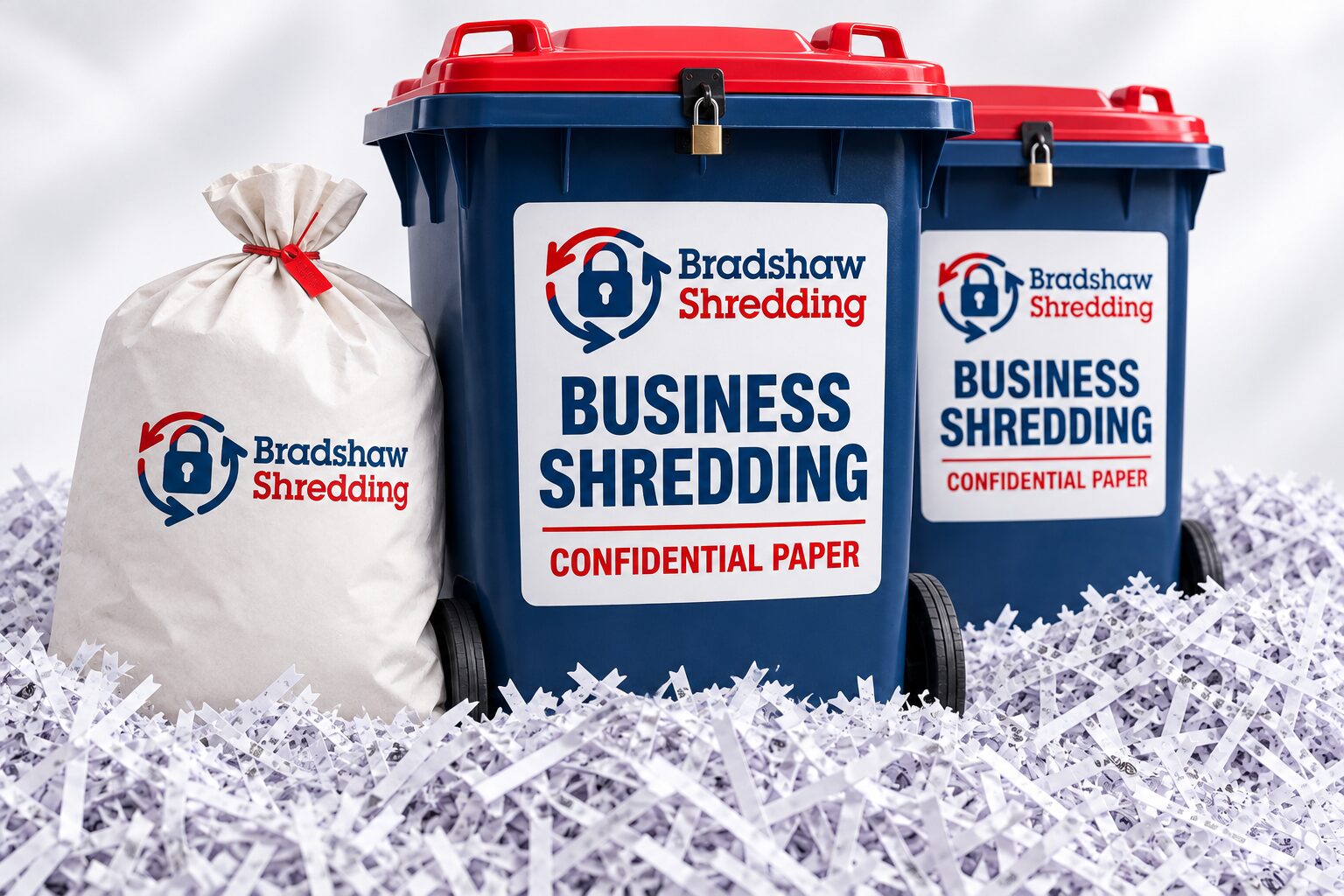 Illustrative Bradshaw business-shredding bins and sealed sack with shredded paper