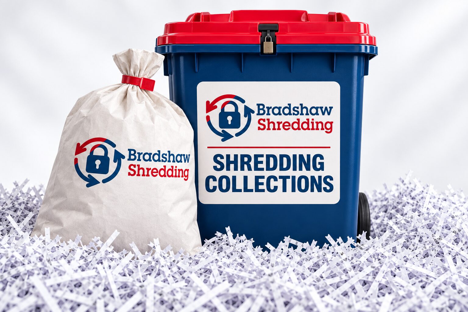 Illustrative Bradshaw shredding-collection container and sealed sack with shredded paper