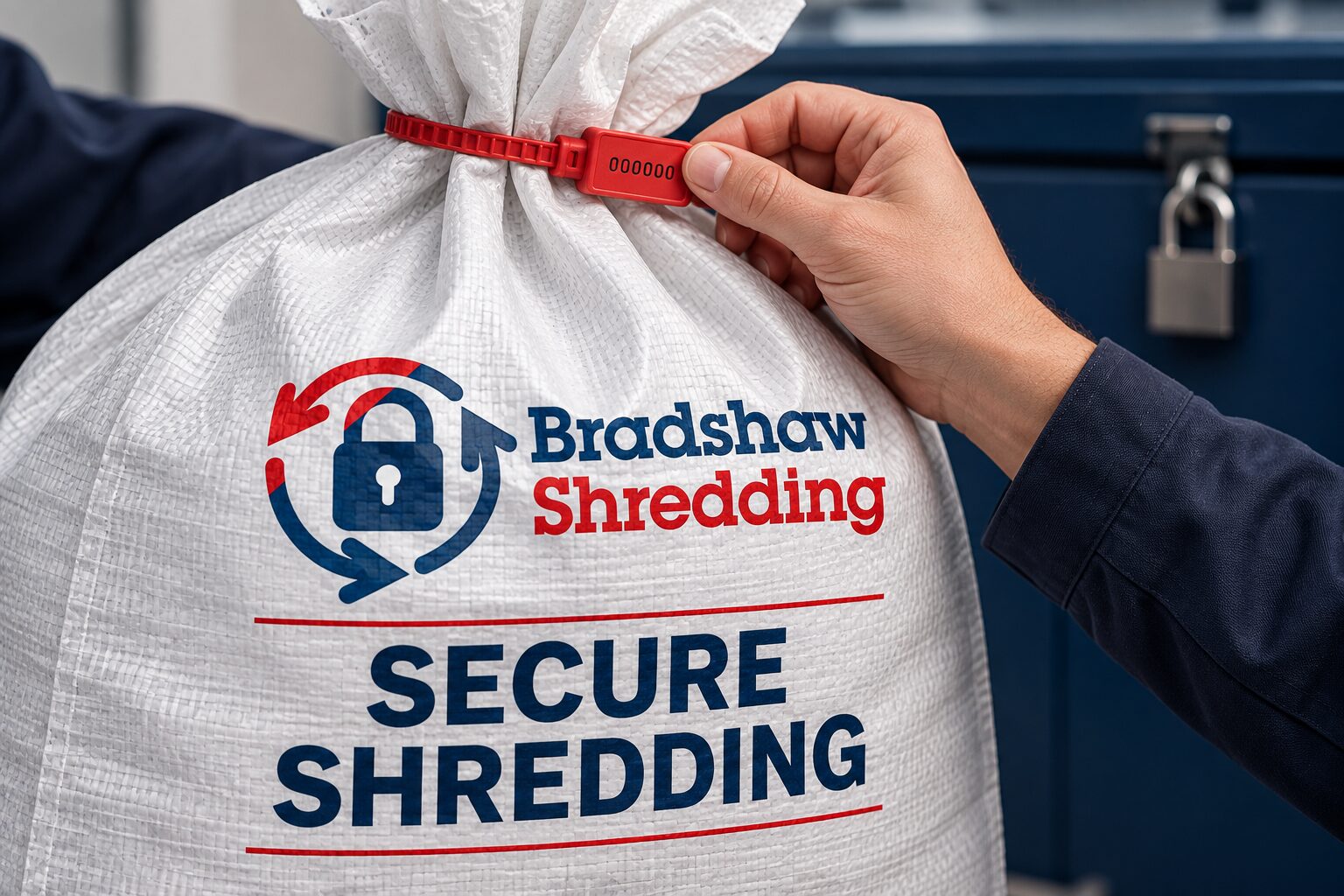 Illustrative tamper-evident seal being checked on a secure-shredding sack