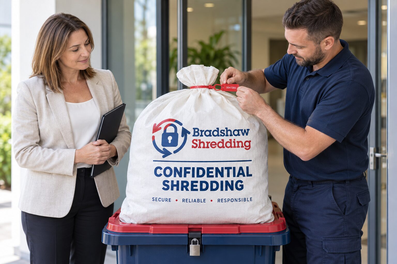 Illustrative confidential-shredding sack handover with its security seal checked