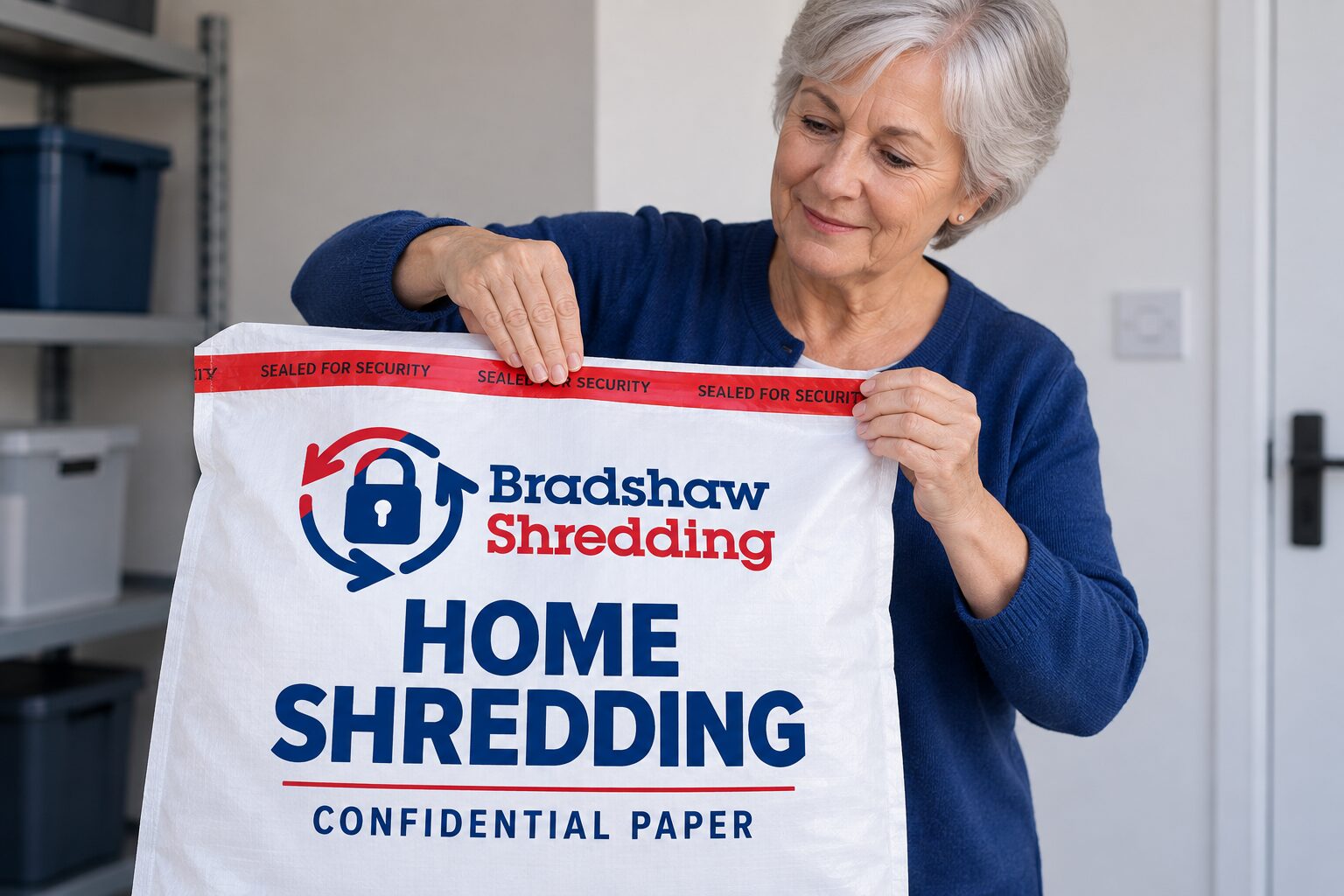 Illustrative customer sealing a home-shredding sack for confidential disposal
