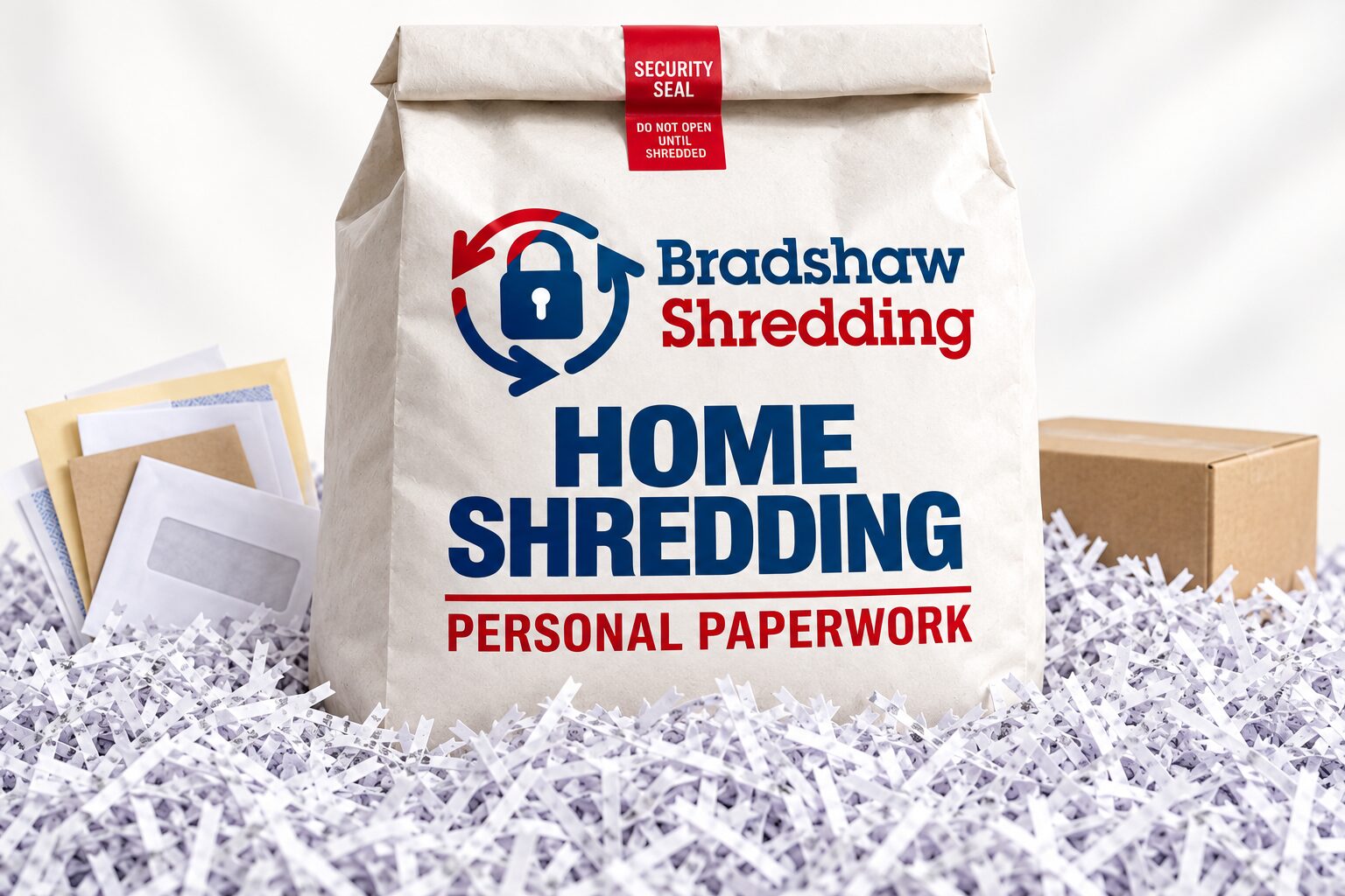 Illustrative Bradshaw home-shredding sack with personal paperwork and shredded paper