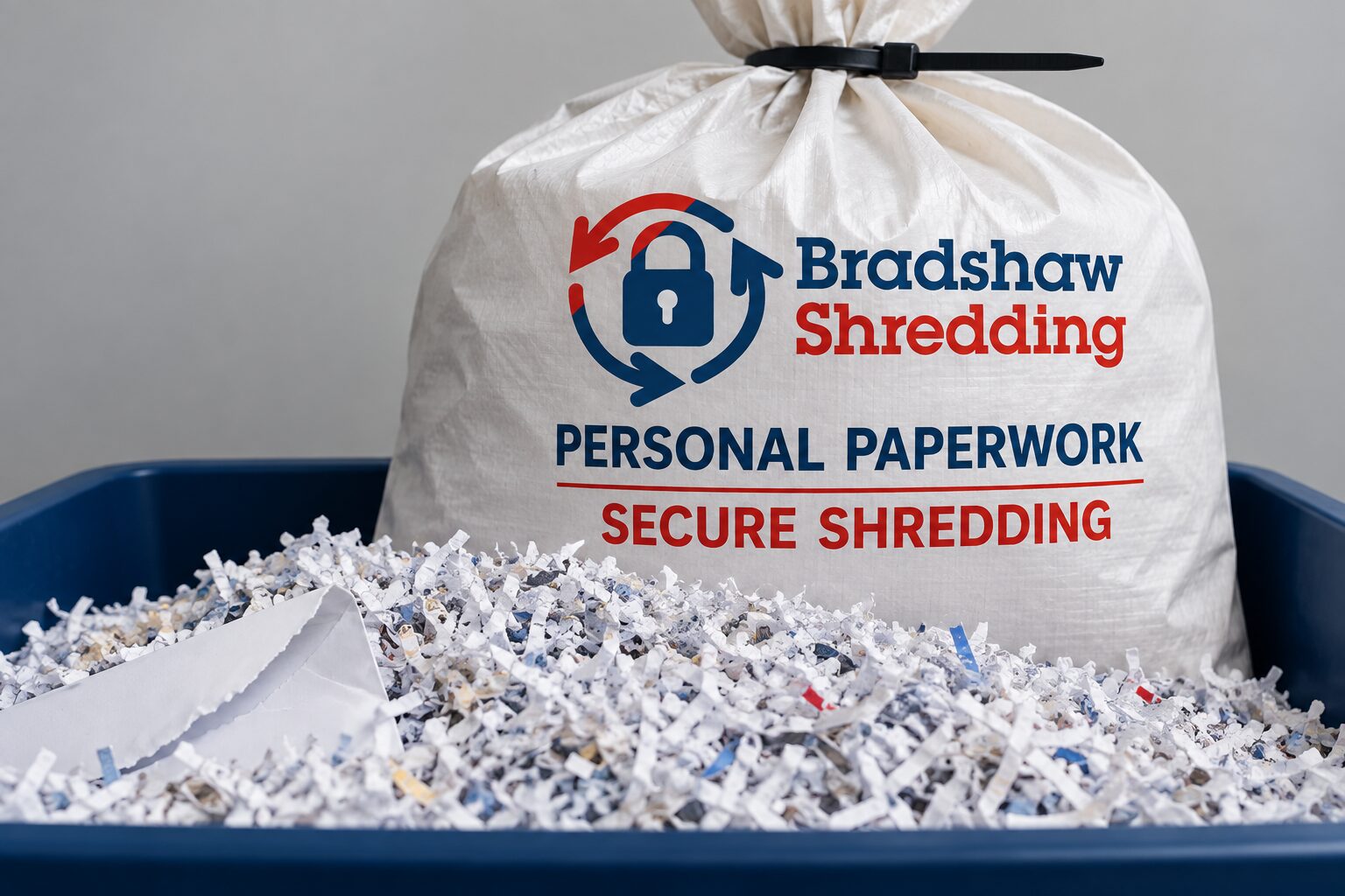 Illustrative shredded personal paperwork beside a sealed confidential-shredding sack