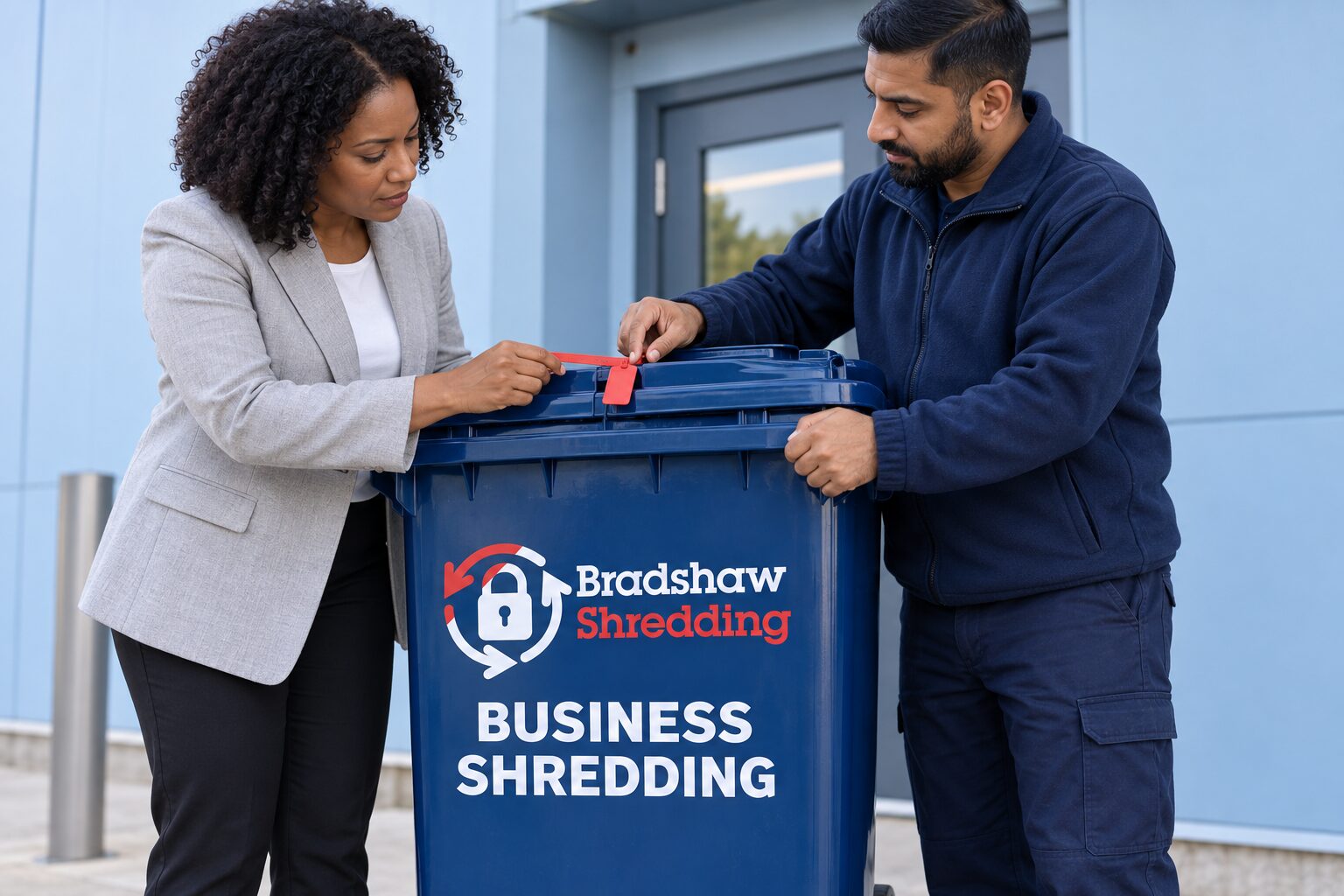 Illustrative business-shredding bin security check before collection