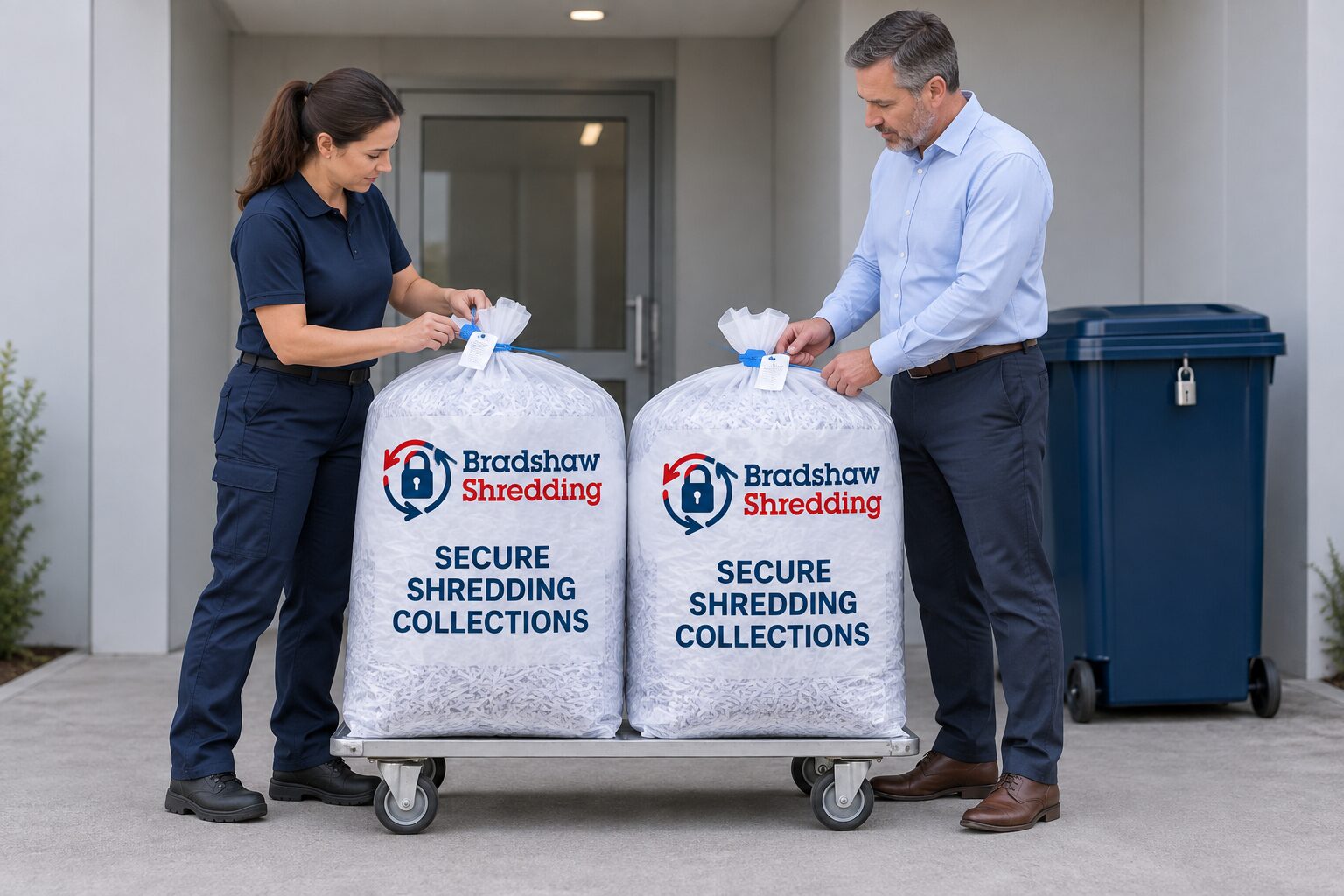 Illustrative confidential-shredding collection with sealed sacks checked before handover