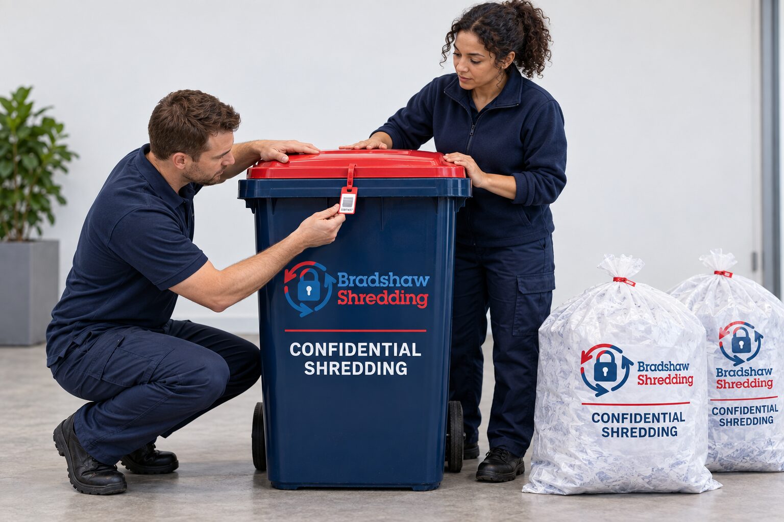Illustrative collection operatives checking a confidential-shredding bin and sealed sacks