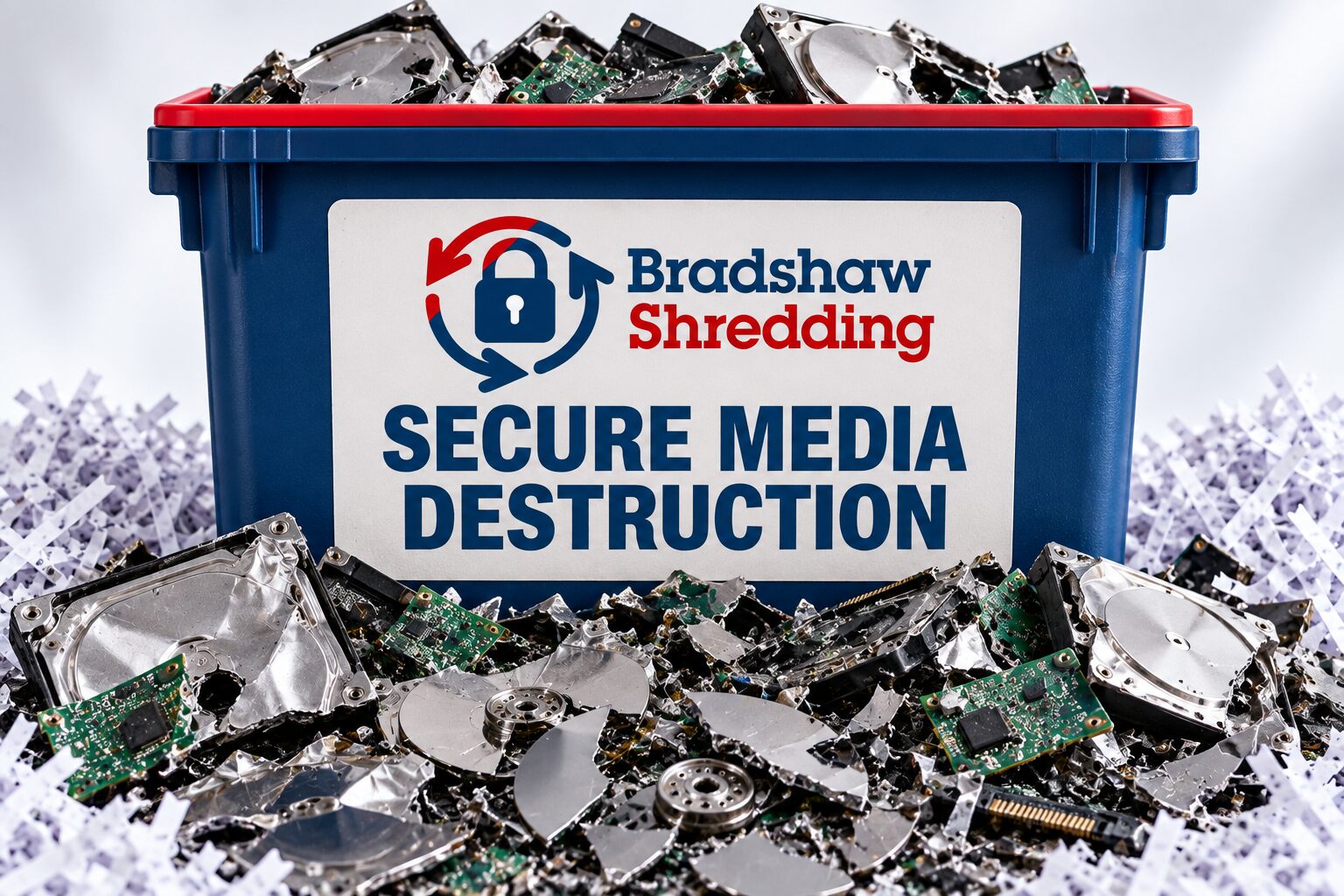 Illustrative Bradshaw secure-media destruction crate with broken hard-drive components