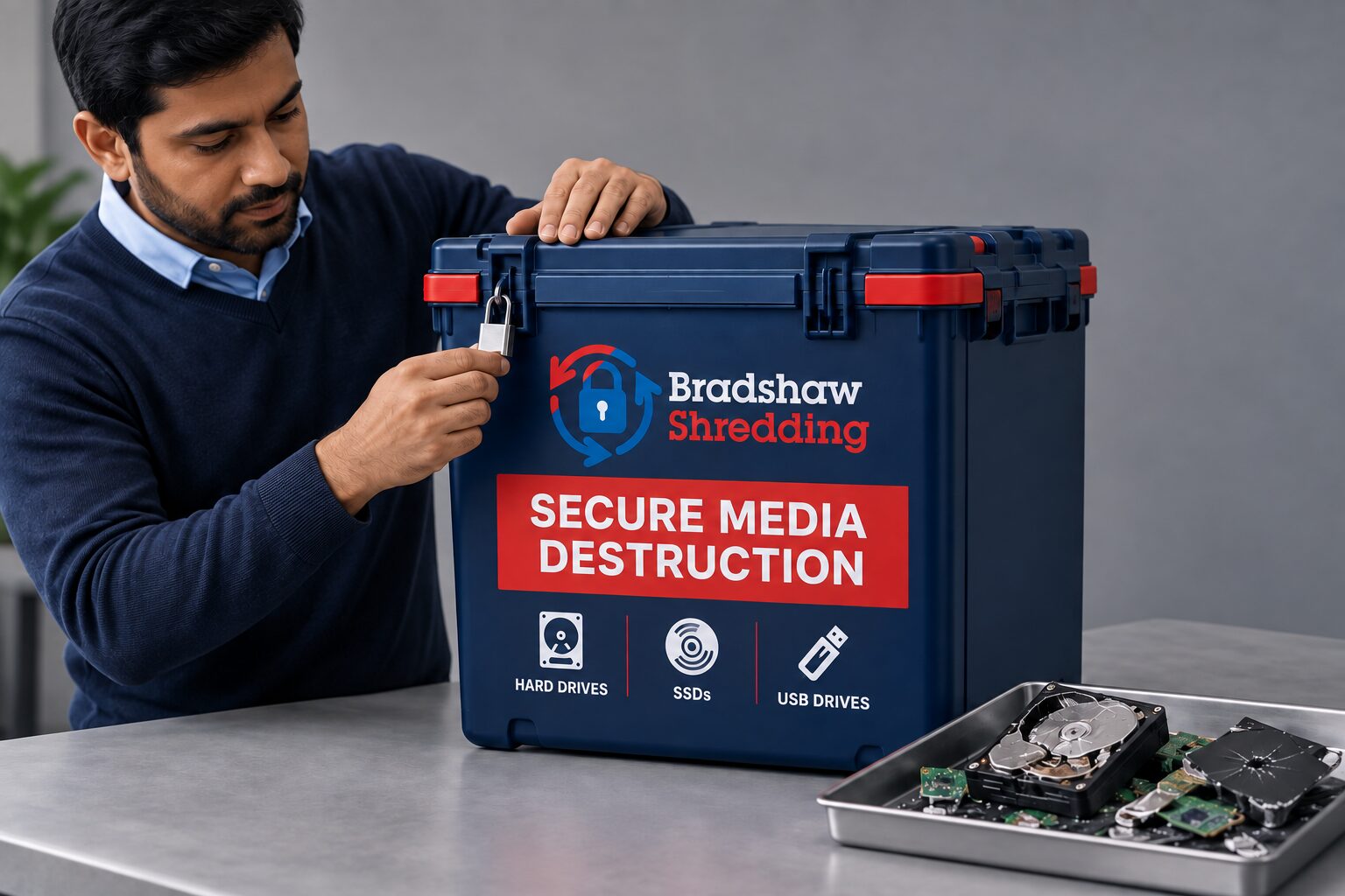 Illustrative secure-media collection case with damaged hard-drive components