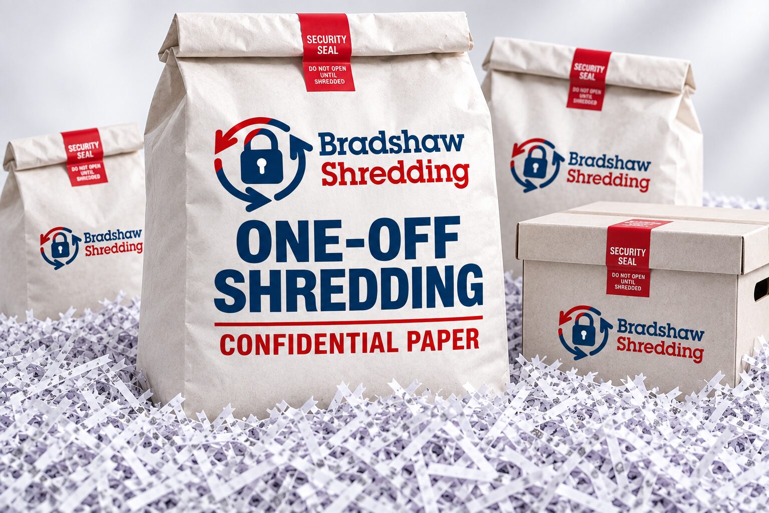 Illustrative Bradshaw one-off shredding sacks and archive box with shredded paper