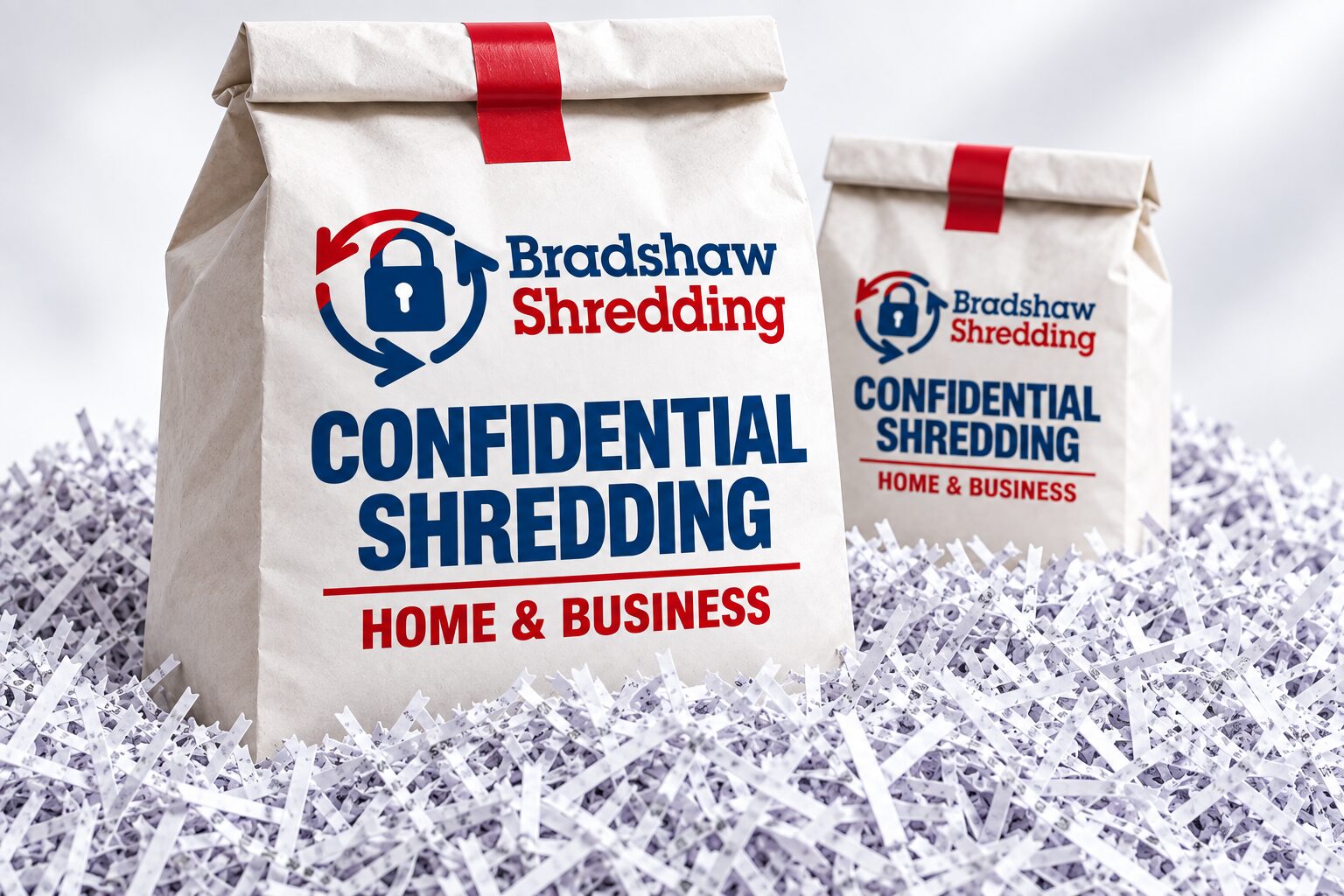 Illustrative Bradshaw confidential-shredding sacks for homes and businesses with shredded paper
