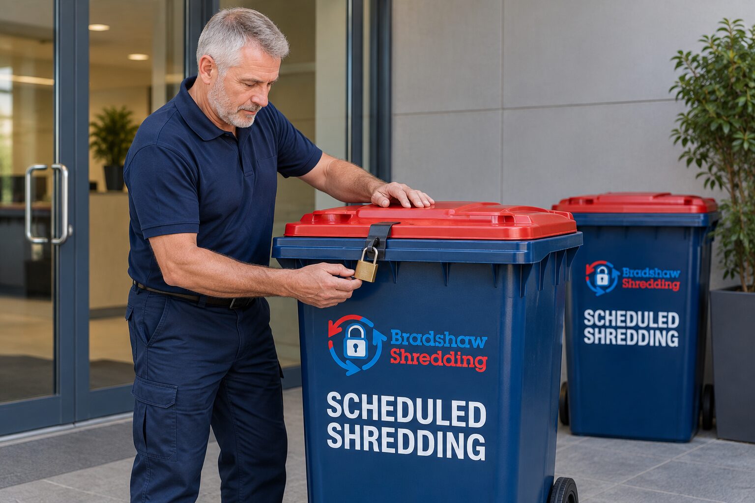 Illustrative collection operative checking the lock on a scheduled-shredding bin