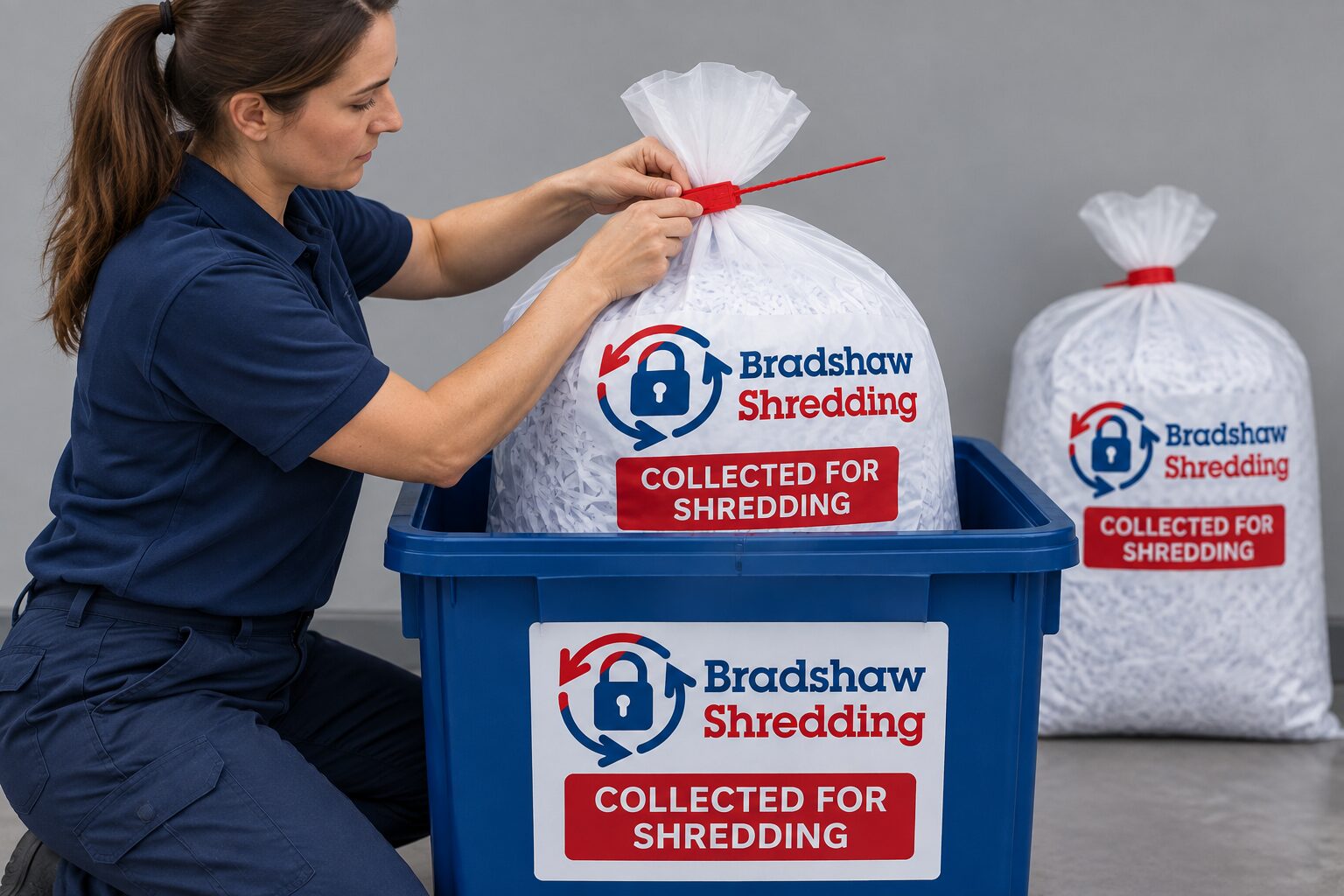 Illustrative collection operative securing a confidential-paper sack for shredding