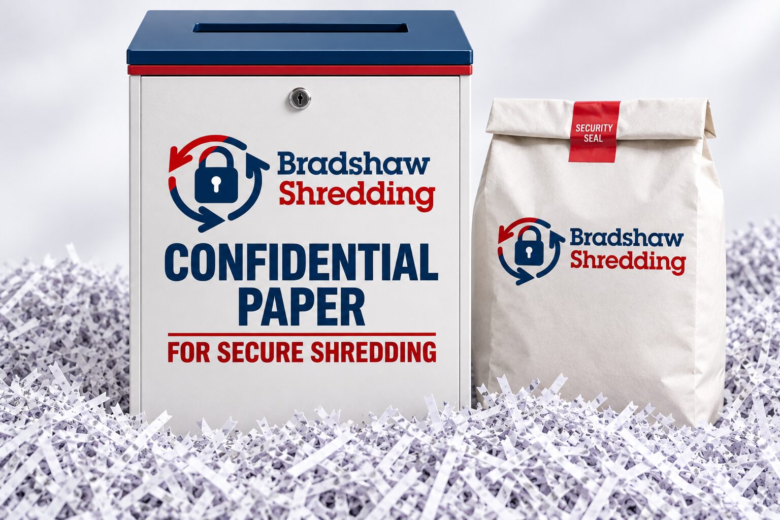 Illustrative Bradshaw confidential-paper console and sealed shredding sack