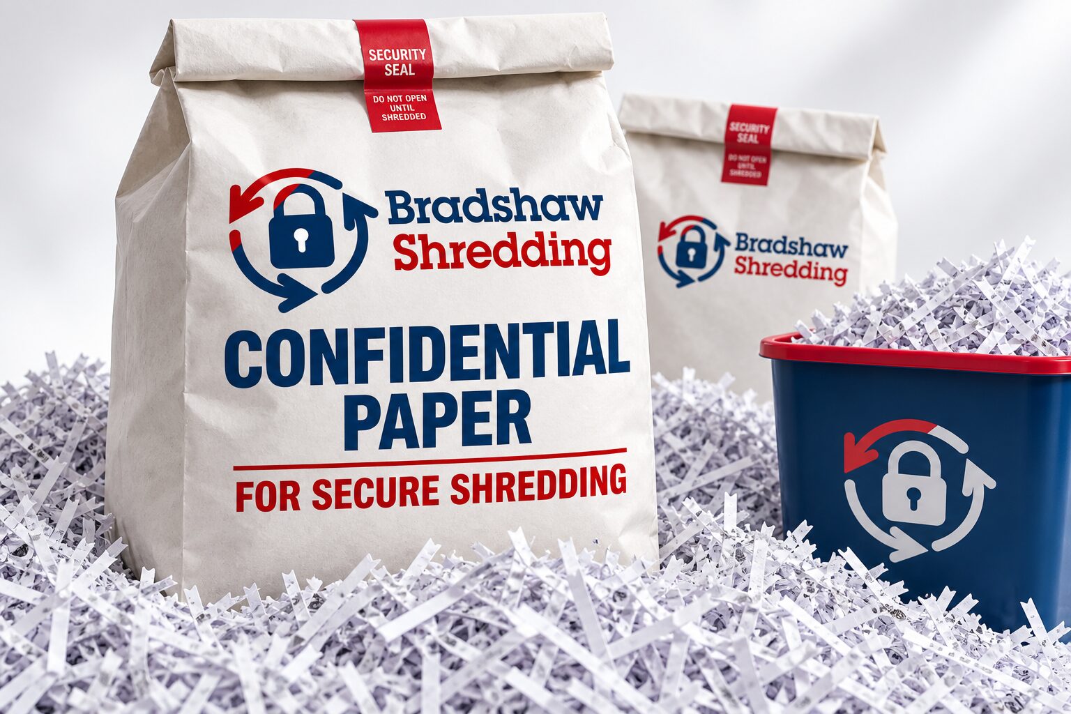 Illustrative Bradshaw confidential-shredding sacks and collection bin surrounded by shredded paper