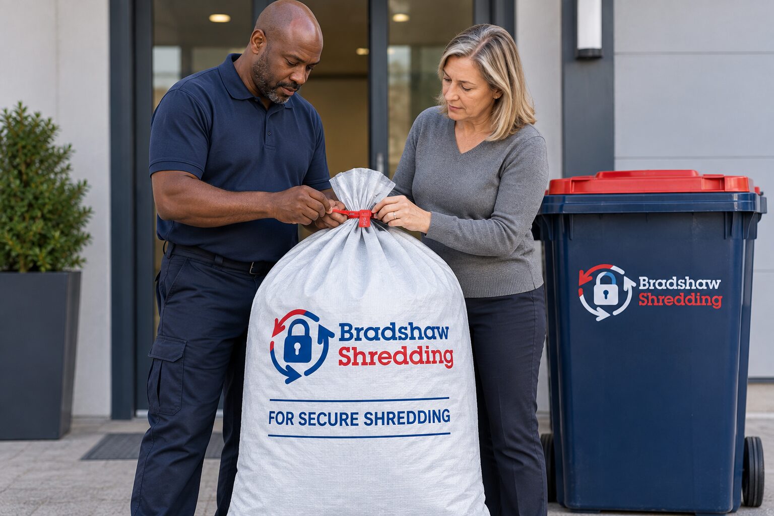 Illustrative sealed confidential-paper handover for specialist shredding